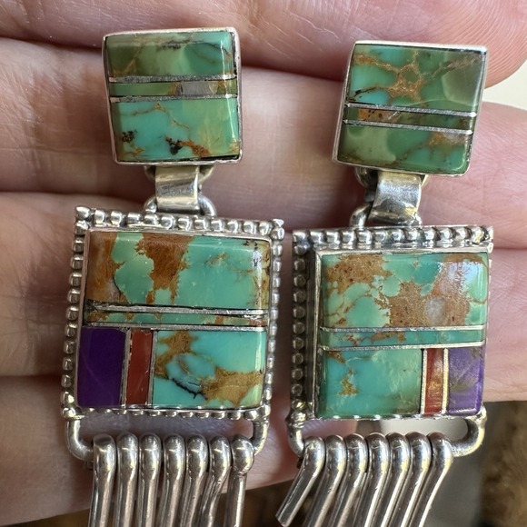 Native American Artisan LP Dangle Earrings 1.9 Inch Turquoise 925 Sterling 14.8g - Picture 4 of 9